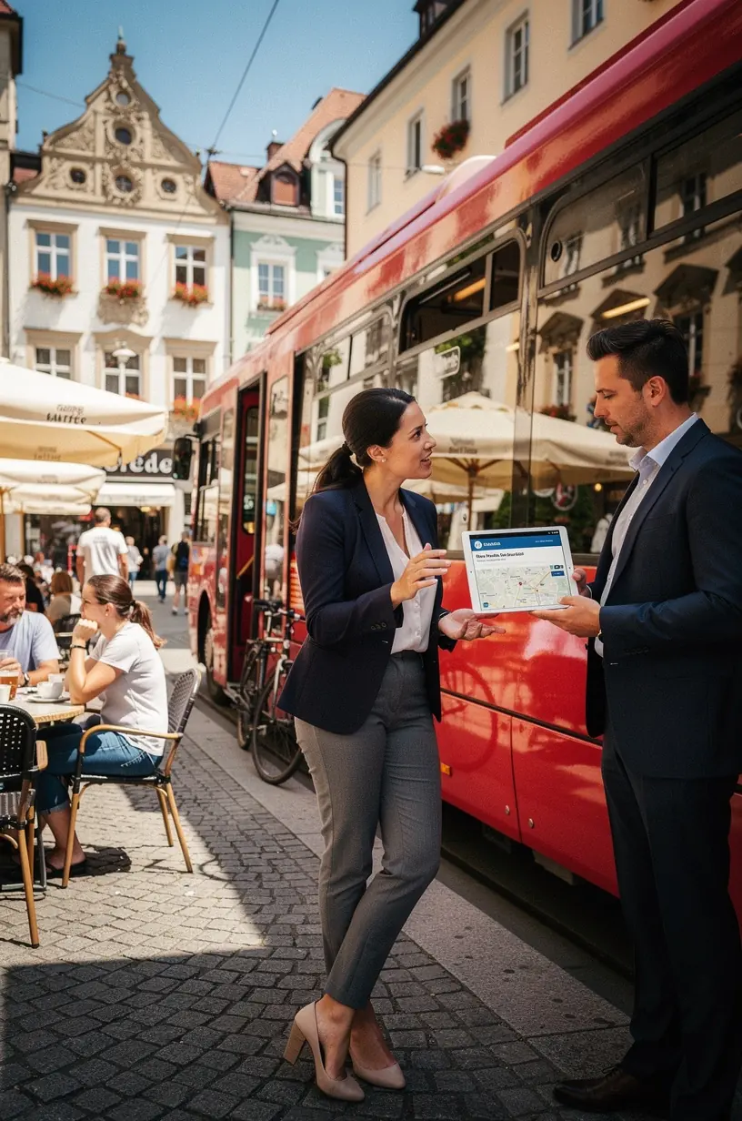 Reisebüro-Mitarbeiter arbeitet an einem Computer mit digitalen Tools zur effizienten Planung von Mehrstadtreisen in Deutschland.